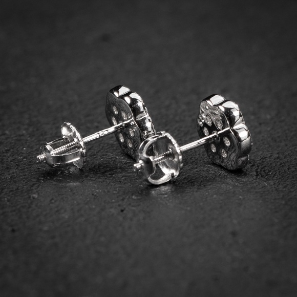 Mens White Gold Iced Cluster Flower Sterling Silver Stud Screw Back Earrings - Picture 3 of 5